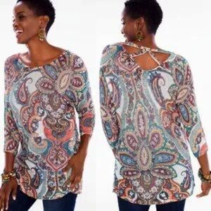 Chico’s Paisley Lightweight Sweater Top Criss-Cross Back Chicos 3 XL